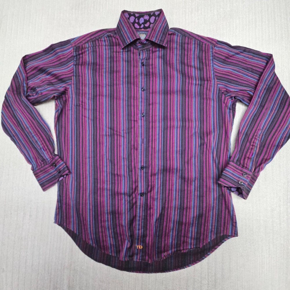 Thomas Dean Shirt Mens XL Purple Black Striped Long Sleeve Woven Button-Up